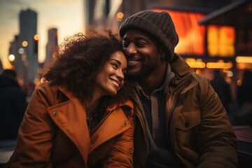 Fototapeta premium Charming multiracial young couple hugging on the top floor of a skyscraper.