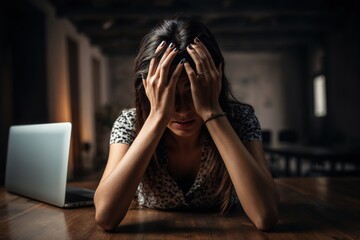 A frustrated woman in front of her computer, putting her hands on her head. Concept: Mistakes made at work and the stress of working long hours. Depression facepalm.