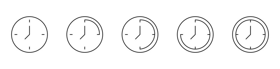 structure thin clock icon collection. single clock pictogram on white background. round timer set with indicator made vector eps10 - obrazy, fototapety, plakaty