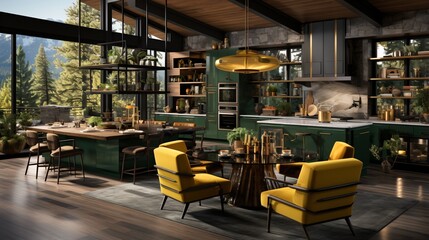 Fototapeta na wymiar Modern kitchen with forest view