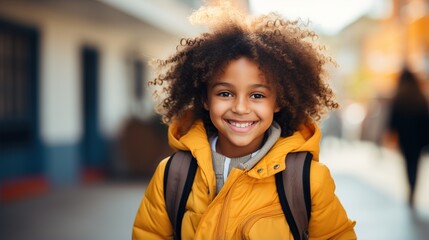Portrait of a happy African American school girl with curly hair wearing a yellow jacket and a...