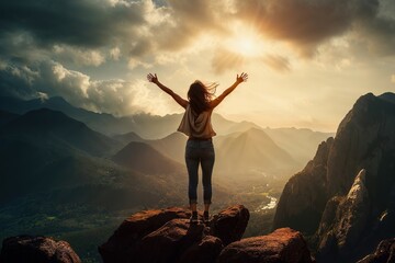 A young woman reaches the top of a mountain and celebrates with arms wide open. Concept: Success in life - obrazy, fototapety, plakaty