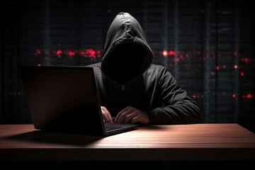 A hooded computer hacker cracking digital code to hack into the mainframe of a network and disrupt...