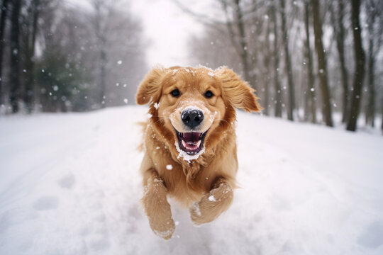 Joyful golden dog revels in snowy winter playtime