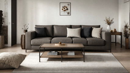 Modern cozy, bright living room with a sofa, painting, flowers. Stylish scandinavian living room with design furniture