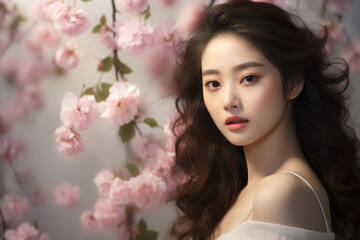 Obraz na płótnie Canvas Korean Beauty Model with Flawless Skin and Spring Blossoms 