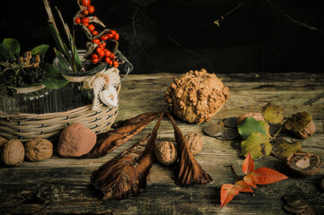 Flemish still life with food, flowers, seeds. Yellow and brown grading