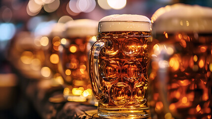 Many pints of blonde beer aligned on a wooden table.  - obrazy, fototapety, plakaty