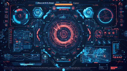 Cybernetic HUD layout with luminous geometric shapes and digital connectivity lines