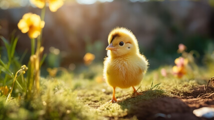 Cute little yellow chicken on green grass. Springtime concept.