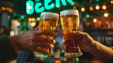 Two hands toasting with two pints of blonde beer.  - obrazy, fototapety, plakaty