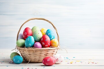 Basket with colorful easter eggs on wooden background