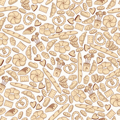 Hand drawn seamless vector pattern with bread and bakery products. Pastry background doodle style