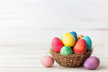 Naklejka premium Basket with colorful easter eggs on wooden background