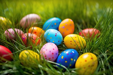 Fototapeta na wymiar Colorful easter eggs on green grass