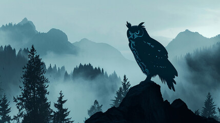 Owl with a backdrop of misty forest mountains