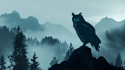 Fototapeten Owl with a backdrop of misty forest mountains © 1st footage
