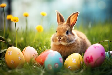 Fototapeta na wymiar Beautiful bunny with colorful easter eggs on green grass