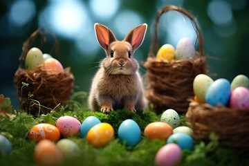 Beautiful bunny with colorful easter eggs on green grass