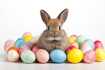 Fototapeta na wymiar Beautiful bunny with colorful easter eggs isolated on white background