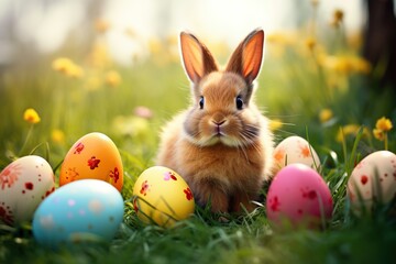 Fototapeta na wymiar Beautiful bunny with colorful easter eggs on green grass