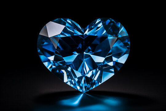 crystal stone blue sapphire transparent colorless, form of heart symbol of love on dark background