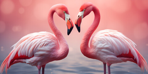 Decorated with couple of pink flamingo birds. Their heads make a heart, Image to use as Valentine card. AI Generative 
