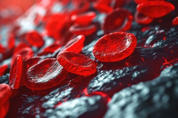 Fototapeta premium A sea of crimson cells, glistening and pulsing, scattered upon a cold, sterile surface