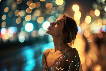 A woman gazes up at the night sky, her face illuminated by the soft light as she stands outside in her dress, lost in thought and wonder