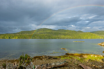 Rainbow over McLoughlin Bay outside the town of Bella Bella on British Columbia's Central Coast.