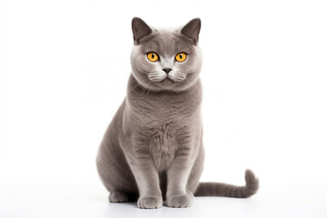 cat British Shorthair gray, selective focus, isolated on white