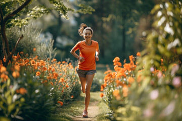 smile woman in orange t-shirt and sports clothes is jogging in garden with blooming flowers, selective focus
