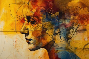 A striking modern artwork depicting a woman's face, created with fluid brushstrokes and vibrant acrylic paint