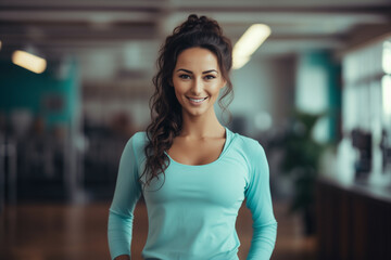 coach young woman smiling in gym, in turquoise sportswear, blurred background