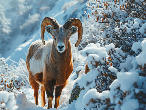 European mouflon (Ovis gmelini musimon) stands on a mountain slope, a generated