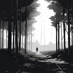 The silhouette of a man in the forest of the evening, Created who generated.