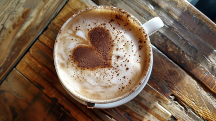 Cappuccino with heart-shaped cocoa powder art, on a reclaimed wood table