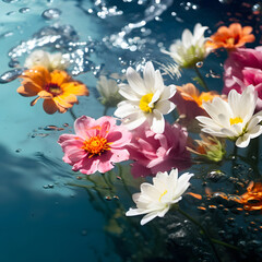  Spring colorful flowers in deep blue water with sunrays.