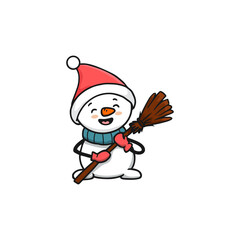 cute cartoon snowman in a hat and scarf with a broom. Doodle style. Christmas illustration. Vector
