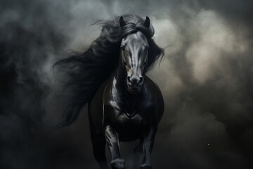Fototapeta na wymiar Majestic Black Horse Emerging from Ethereal Smoky Darkness