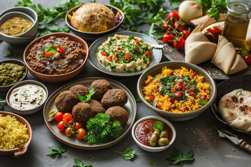 Middle Eastern or Arabic dishes assorted meze, meat kebab, falafel, baba ganoush, muhammara, hummus