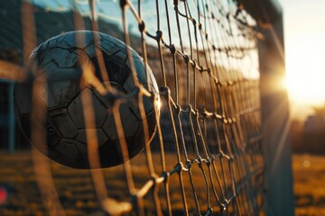 Amidst a brilliant blue sky and sunlit fence, a gleaming metal football ball rests triumphantly in the net, symbolizing the thrill and determination of outdoor competition