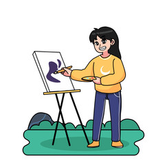 Hobby and entertainment concept. A woman who likes painting. Favorite activity and relaxation. Cartoon flat vector illustration