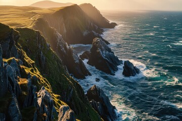 A breathtaking view of the rugged coastline, with crashing waves against the rocky cliffs and a...