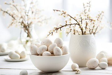 Easter eggs with flowers on wooden table