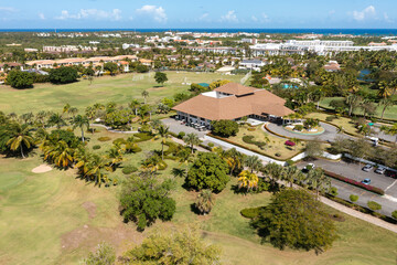 Golf club building and field, nobody. Aerial view