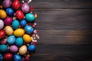 Colorful easter eggs on wooden background