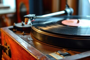 An old record player serenades the room with nostalgic melodies, its spinning vinyl record a symbol of timeless music and cherished memories
