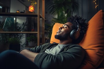 Fototapeta premium A relaxed man escapes into his own world, cocooned in the comfort of his indoor sanctuary, lost in the music of his headphones