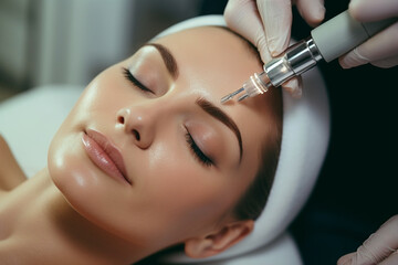 Obraz na płótnie Canvas Microneedle mesotherapy woman receiving micro needling rejuvenation treatment in a cosmetology clinic